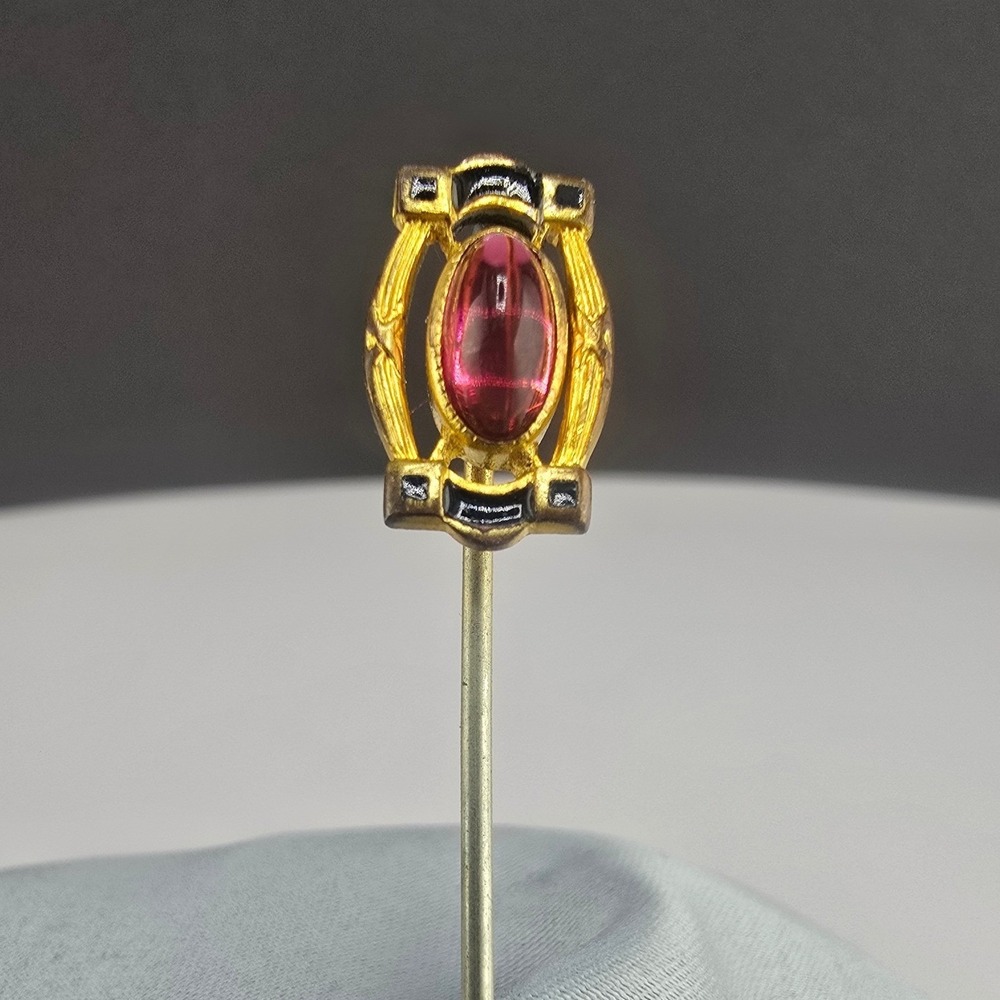 Vintage Estate Stick Pin Gold Tone Red Stone Enamel Art Deco 2.25in